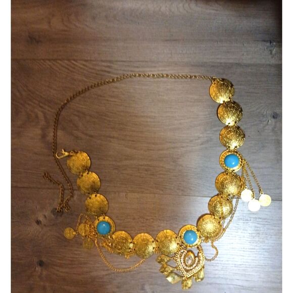 Bohemian Gold Tone Coin Belt 35" with Turquoise Accents Belly Dance Costume - Picture 4 of 4